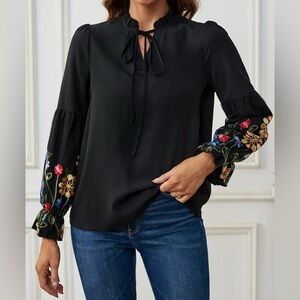 Floral Embroidered Balloon Long Sleeve Top - Womens Size Medium - Black